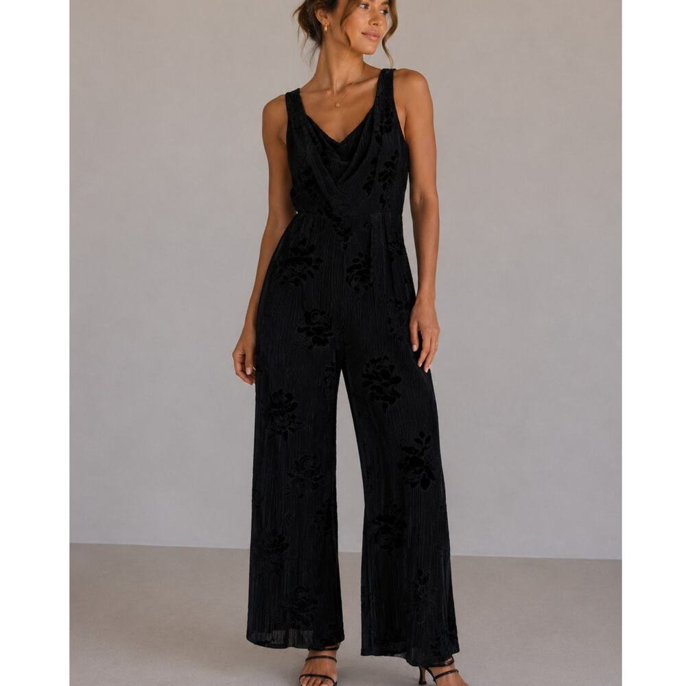 Anthropologie Moulinette Soeurs Black Jacquard Floral Wide Leg Jumpsuit Women 8